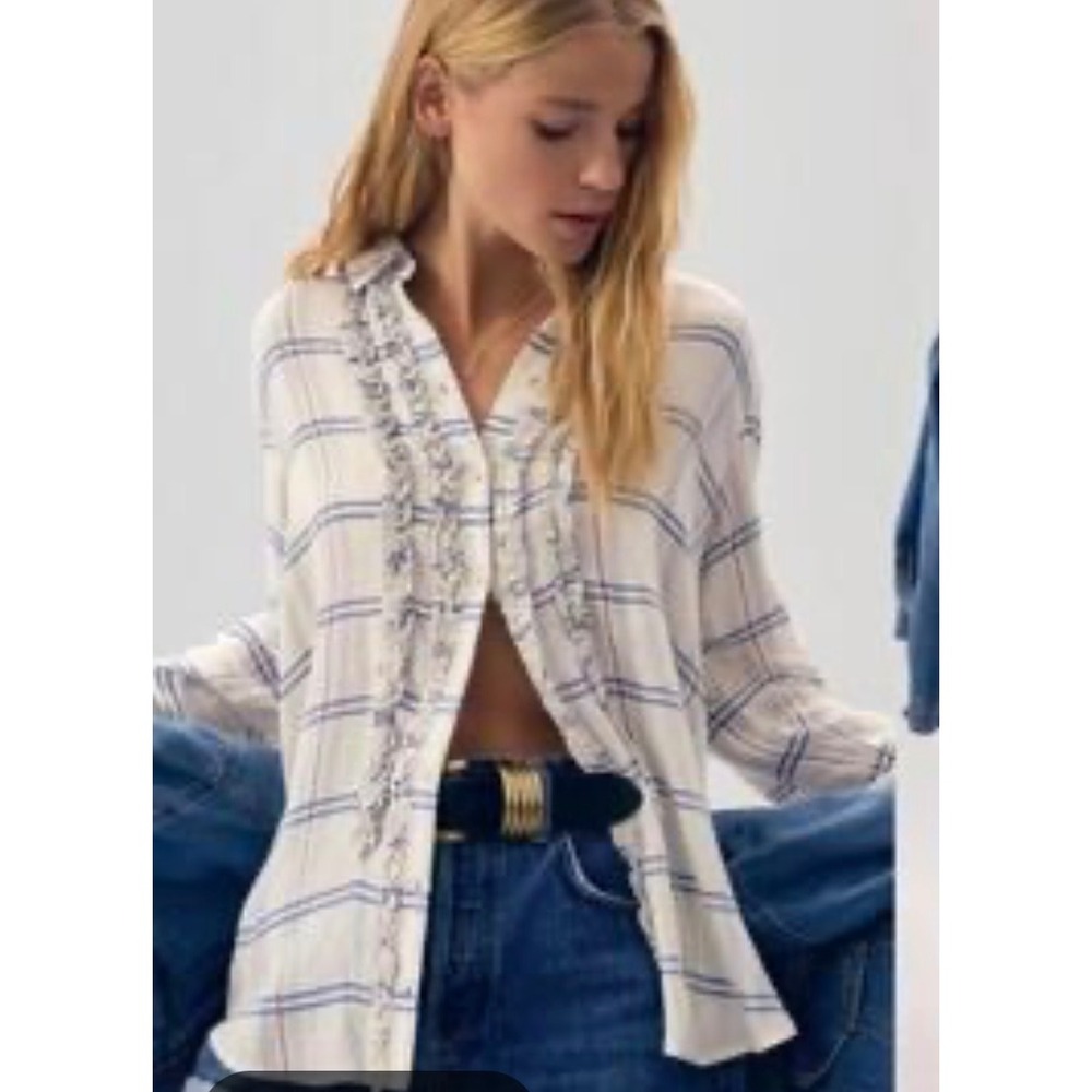 Pilcro Anthropologie Plaid Ruffle Front Tuxedo Button Down Shirt Cream Blue Med